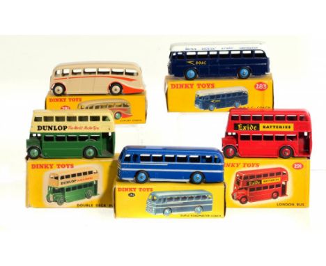 FIVE DINKY TOY BUSES  comprising Luxury Coach (fawn/orange) 281, Duple 282, BOAC Coach 283, Double Deck Bus 290 and London Bu