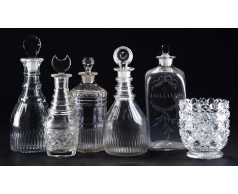 THREE GLASS DECANTERS AND STOPPERS AND TWO SPIRIT FLASKS AND STOPPERS, EARLY 19TH C one of the flasks engraved HOLLANDS, 22-2