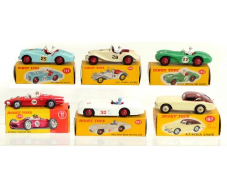 SIX DINKY TOY SPORTS AND RACING CARS  comprising MG 108, Aston Martin 110, Triumph 111, AC 167, Mercedes 237 and Ferrari 242,