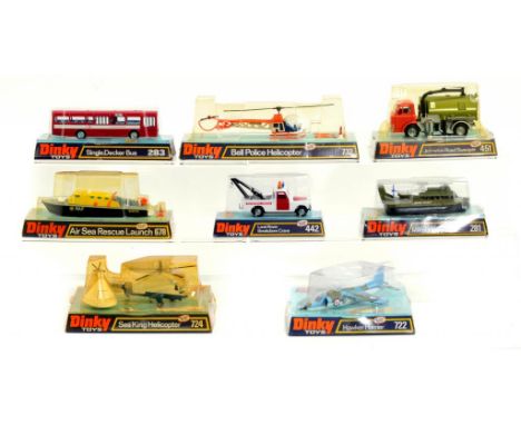 EIGHT BUBBLE BOXED DINKY TOYS  including vehicles, aircraft, launch and hovercaraft