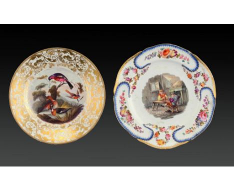 TWO DERBY PLATES one painted probably by Richard Dodson with birds and wildfowl, the other painted with two peasants in a tav