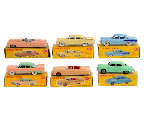 SIX DINKY TOY AMERICAN CARS  comprising Cadillac 131, Packard 132, Studebaker 172 and 179 Plymouth 178 and Dodge 191, all box