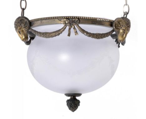 AN ENGLISH BRASS AND ETCHED GLASS HANGING LIGHT, EARLY 20TH C applied with three rams heads, 16cm h excluding chains ++In fin