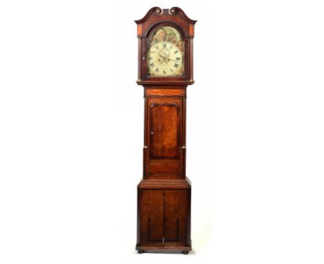 AN OAK,  MAHOGANY AND INLAID EIGHT DAY LONGCASE CLOCK, EDWARD MATTHEWS WELCHPOOL, MID 19TH C the painted dial with date secto