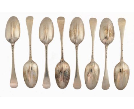 A SET OF EIGHT GEORGE I SILVER TABLE SPOONS  Rat Tail pattern with drop, by Andrew Archer, London 1721, 20ozs 10dwts ++Even l