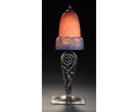 A WROUGHT-IRON LAMP AND MOTTLED BLUE AND RED GLASS SHADE 35cm h, lampshade with indistinct etched signature... Croisnar... ++