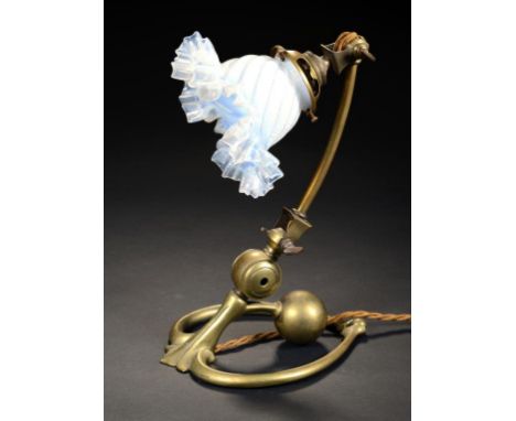 A W A S BENSON BRASS ELECTRIC LAMP, C1900 incorporating Benson patent switch, 27cm h, stamped BENSON, with an opalescent glas