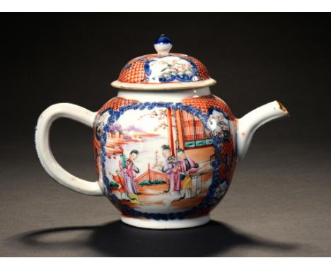 A CHINESE EXPORT PORCELAIN 'MANDARIN PATTERN' GLOBULAR TEAPOT AND COVER, C1780  with iron red scale ground, 15cm h ++Cover wi