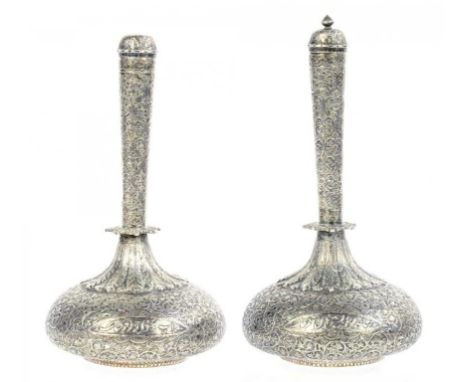 TWO MUGHAL SILVER FLASKS AND STOPPERS, NORTH INDIA OR KASHMIR, 18TH/EARLY 19TH C with compressed bulb, slightly flared neck a