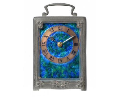 A LIBERTY & CO PEWTER AND ENAMEL TIMEPIECE, C1905 the French movement with platform lever escapement, 13.5cm h, stamped ENGLI