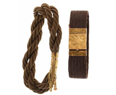 MOURNING JEWELLERY.  TWO VICTORIAN GOLD AND WOVEN HAIR BRACELETS, C1860  ++Both in good condition with light wear only, compl