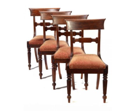 A SET OF FOUR WILLIAM IV MAHOGANY DINING CHAIRS, C1830-40 on reeded forelegs, 88cm h ++Structurally sound, showing wear from 
