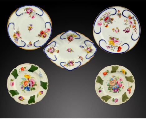TWO DERBY PLATES AND A DISH, C1815-20 painted with flower sprays in blue and gilt feuille de choux borders, dish 28cm w, red 