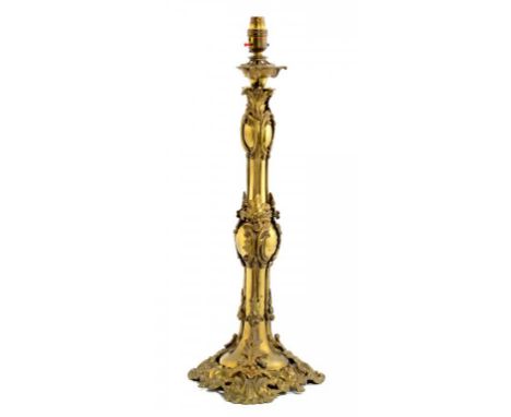 A VICTORIAN BRASS OIL LAMP BASE, C1840-50 of leafy naturalistic form, 56cm h excluding later lamp holder ++Complete and undam