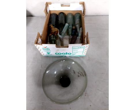 A box containing a quantity of vintage bottles and an Italian shaped glass dish 