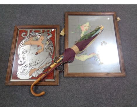 Two framed picture mirrors together with a bundle of 20th century parasols, umbrellas and walking stick 