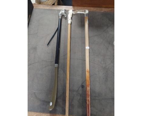 A shoehorn with hose head pummel, an antler handled walking stick and one further walking stick 