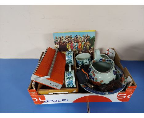 A box of vintage Danish radio, midwinter pottery ramekins, wash jug and basin etc 