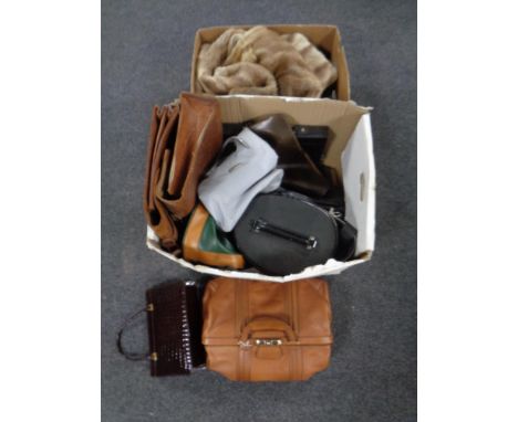 Two boxes containing vintage leather bags, lady's fur coat etc 