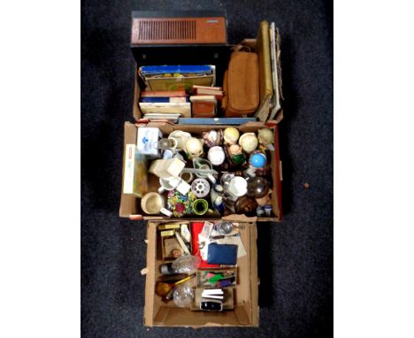Three boxes containing Ultra reel to reel player, antiquarian books, Etona camera in carry bag, china glassware, etc 