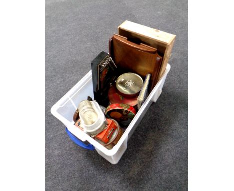 A box containing zither, vintage tins, inlaid oak serving tray etc 