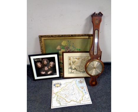 An inlaid mahogany banjo barometer with silvered dial together with a small quantity of pictures, still life print, framed ma