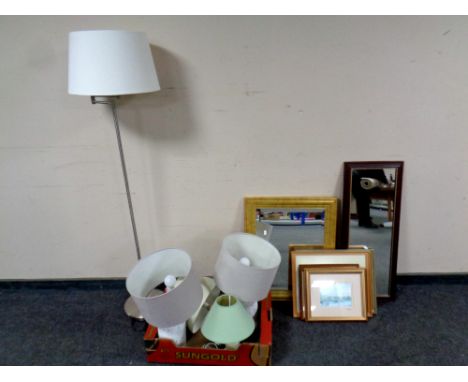 A gilt framed mirror together with a further rectangular mirror, four various pictures and prints, a contemporary standard la