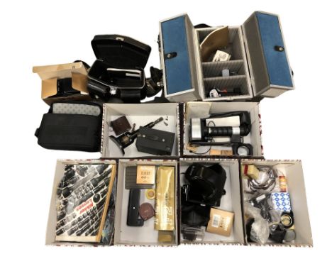 Several aluminium camera cases and bags containing photography accessories, flashes, volumes relating to Nikon cameras etc