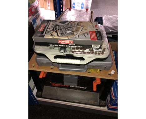 A quantity of tools including combination spanner set, cased dremel, Workmate workbox etc 
