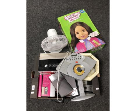 A box containing electricals including fan, digital speaker, LCD picture frame, mobile phones, boxed doll etc