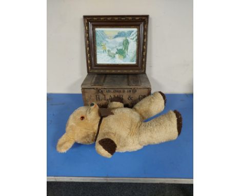 A wooden storage box marked Lamb and Co Newcastle on Tyne, together with a framed print and a vintage teddy bear  