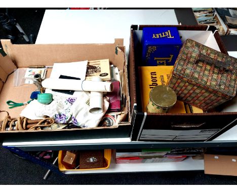 A box of miscellaneous including hand fans, vintage skipping rope, ephemera etc, together with a further box containing vinta