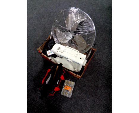 A box containing electric sewing machine, fan, digital cameras together with a bag containing a small quantity of tools  