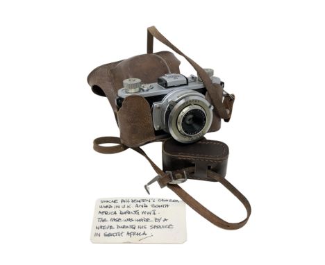 A Kodak 35 camera with WWII provenance, with note 'Uncle Bill Denton's camera, used in UK and South Africa during WWII. The c