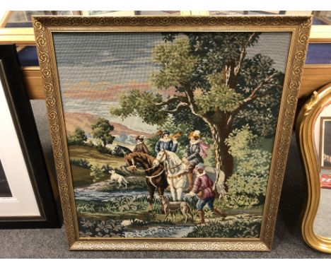 A gilt framed tapestry depicting a hunt, 81 x 88 cm 