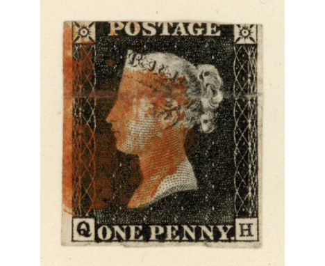 Stamps and postal history in six albums with Great Britain 1840 1d black (3 margins and creased) pre stamp, 1841 1d red brown