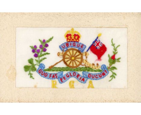 A group of nine First World War embroidered silk greetings postcards including five with Regimental badges.