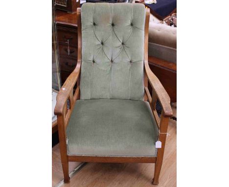 Early 20th Century oak framed armchair, green deep buttoned back, sprung upholstered seat and a small mahogany drop leaf tabl