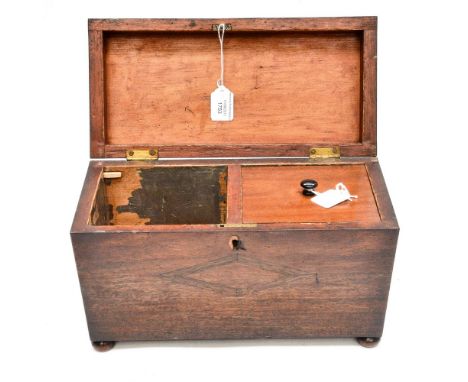 A George III tea caddy with geometric rosewood and satinwood inlay, complete with lids (one missing its finial)