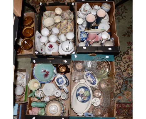 Four boxes of assorted ceramics and glassware including boxed Aynsley plate, Wedgwood, Aynsley, blue and white, Royal Staffor