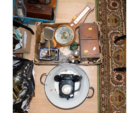 A parcel lot to include barometer, enamel bowls, sewing box, metal ware etc, also black telephone (plastic)  