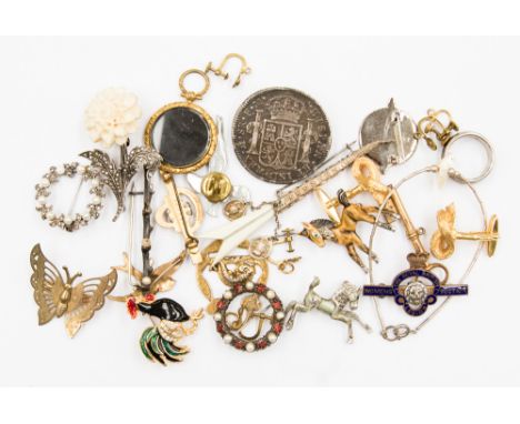 A collection of vintage costume jewellery and badges, a marcasite and pearl brooch, rolled gold and ivory and marcasite brooc