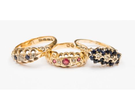 An Edward VII ruby and rose-cut diamond 18ct ring, size K, together with an 18ct sapphire and diamond boat head ring, size L 