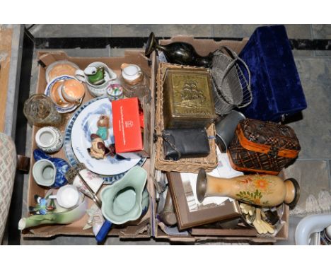 Two boxes of assorted items, comprising egg shell cups, jug, plates, glassware, various metalware including baskets, flatware