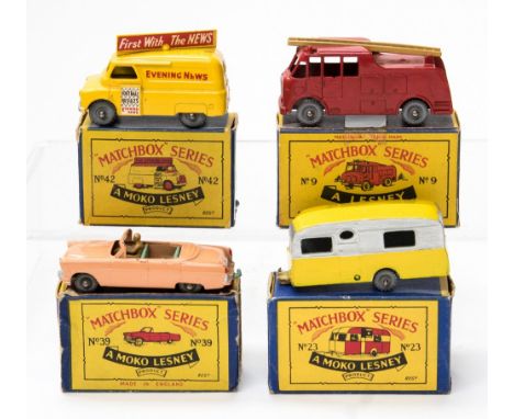 Matchbox: A collection of four Matchbox Series boxed vehicles to comprise: Merryweather Marquis Fire Engine No.9C, red, tan l