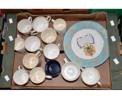 A collection of commemorative beakers, mugs and loving cups, together with two Aynsley plates (1 box)
