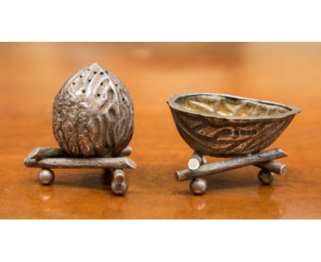 A Victorian silver novelty two piece cruet, realistically cast as walnuts and twigs, including salt cellar and pepper pot, Wi