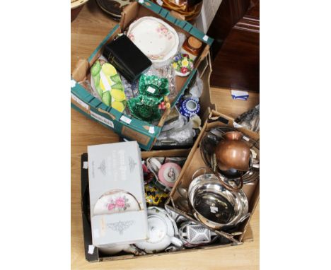 Three boxes of assorted ceramics and glassware; together with a small quantity of metalware and an Asprey London travelling c