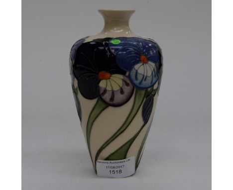 A Moorcroft vase in the pansy pattern, 1st quality, purple and blue flowers on cream ground shouldered vase having narrow nec