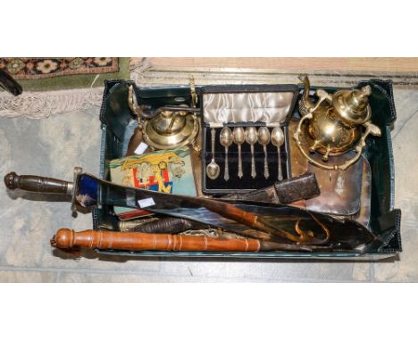 A box of metalware including Salter brass scales, Kukri oriental knife etc